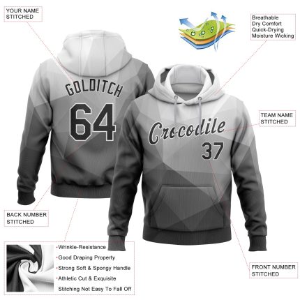 Custom Name & Number 3D Pattern Gray Black-White Sports Hoodie Sweatshirt - Personalized Geometric Pullover Design Personalized