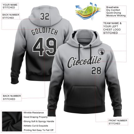 Custom Name Number Sports Hoodie Personalized Stitched Gray Black-White Fade Sweatshirt Pullover Personalized Stitched Gray