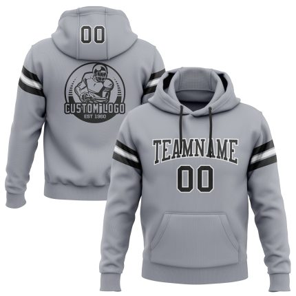 Custom Name Number Football Hoodie Sweatshirt for Team - Personalized Gray Black and White Pullover Personalized Stitched