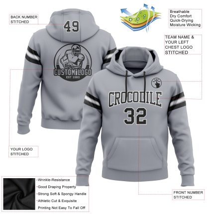 Custom Name Number Football Hoodie Sweatshirt for Team - Personalized Gray Black and White Pullover Personalized Stitched