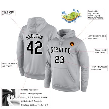 Custom Team Pullover Hoodie with Name & Number - Personalized Gray and Black White Sports Sweatshirt Personalized Stitched