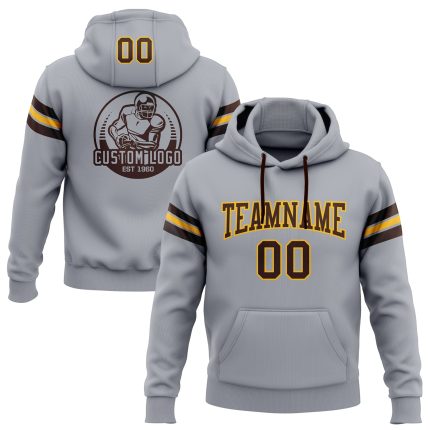 Custom Name Number Football Hoodie Pullover Sweatshirt Gray Brown Gold Personalized Team Apparel Personalized Stitched Gray