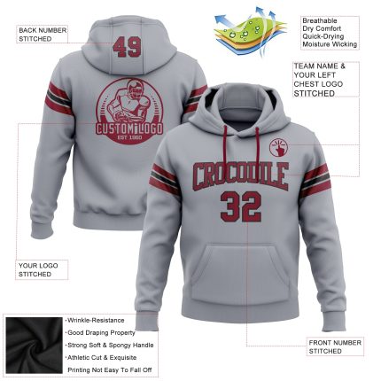 Custom Gray and Crimson Black Football Hoodie Sweatshirt with Name and Number - Personalized Pullover Personalized Stitched