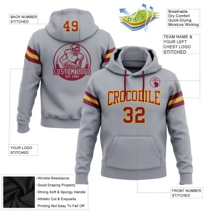 Custom Team Name Number Hoodie Personalized Gray Crimson-Gold Football Pullover Sweatshirt Personalized Stitched Gray Crimson-Gold