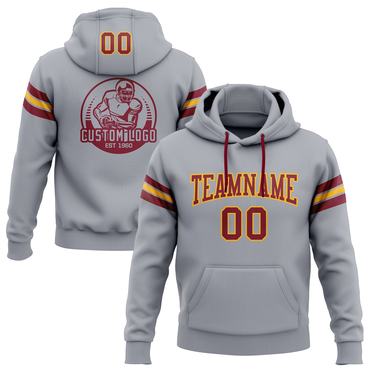 Custom Team Name Number Hoodie Personalized Gray Crimson-Gold Football Pullover Sweatshirt Personalized Stitched Gray Crimson-Gold