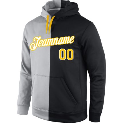 Custom Gray Black Gold Split Sports Hoodie Personalized with Name and Number - Fashion Pullover Sweatshirt for Team Personalized