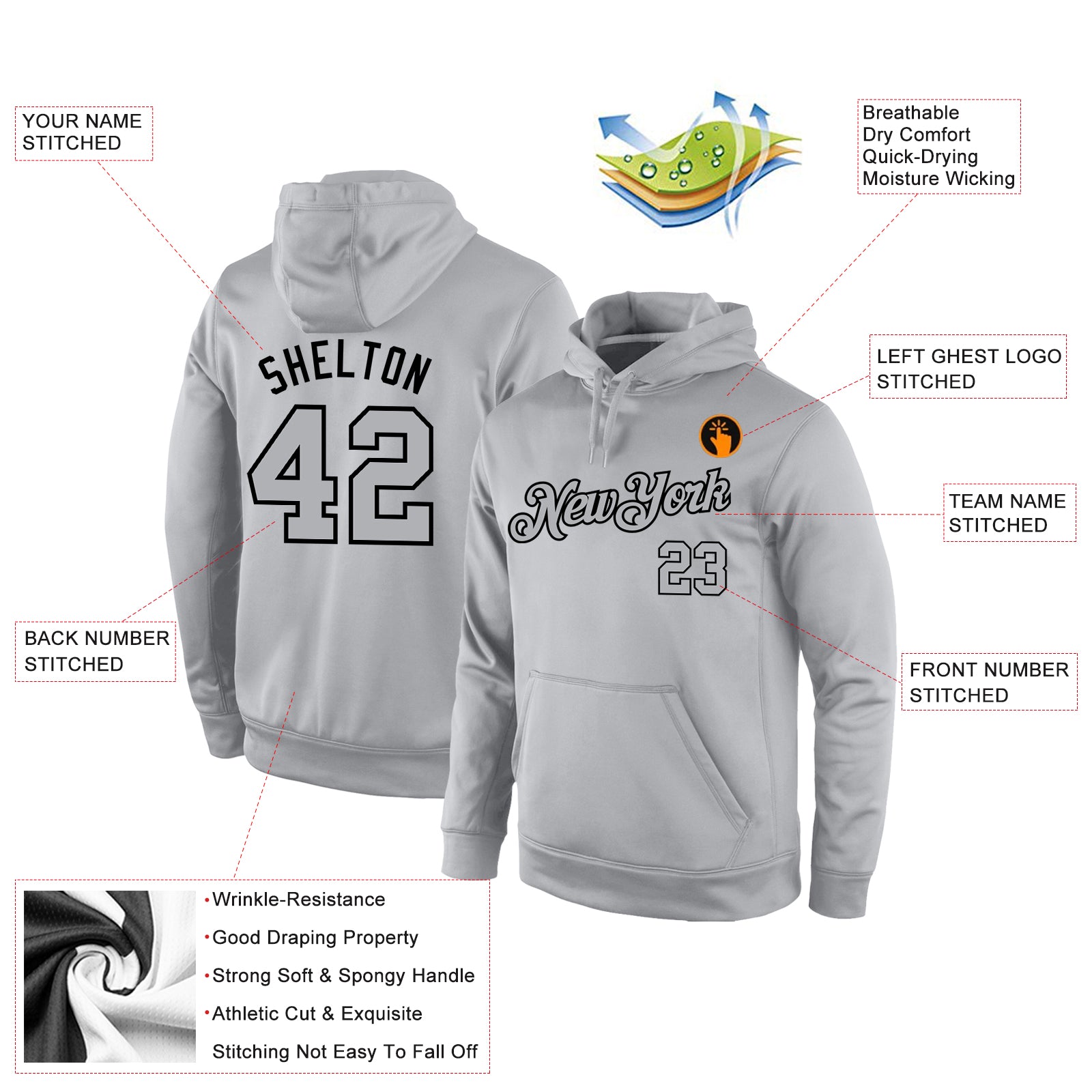 Personalized Stitched Gray Gray-Black Sports Pullover Sweatshirt Hoodie Team Custom Name and Number Custom Name and Number Gray-Black Sports Hoodie Sweatshirt Pullover - Personalized Team Apparel Personalized Stitched Gray - Image 4