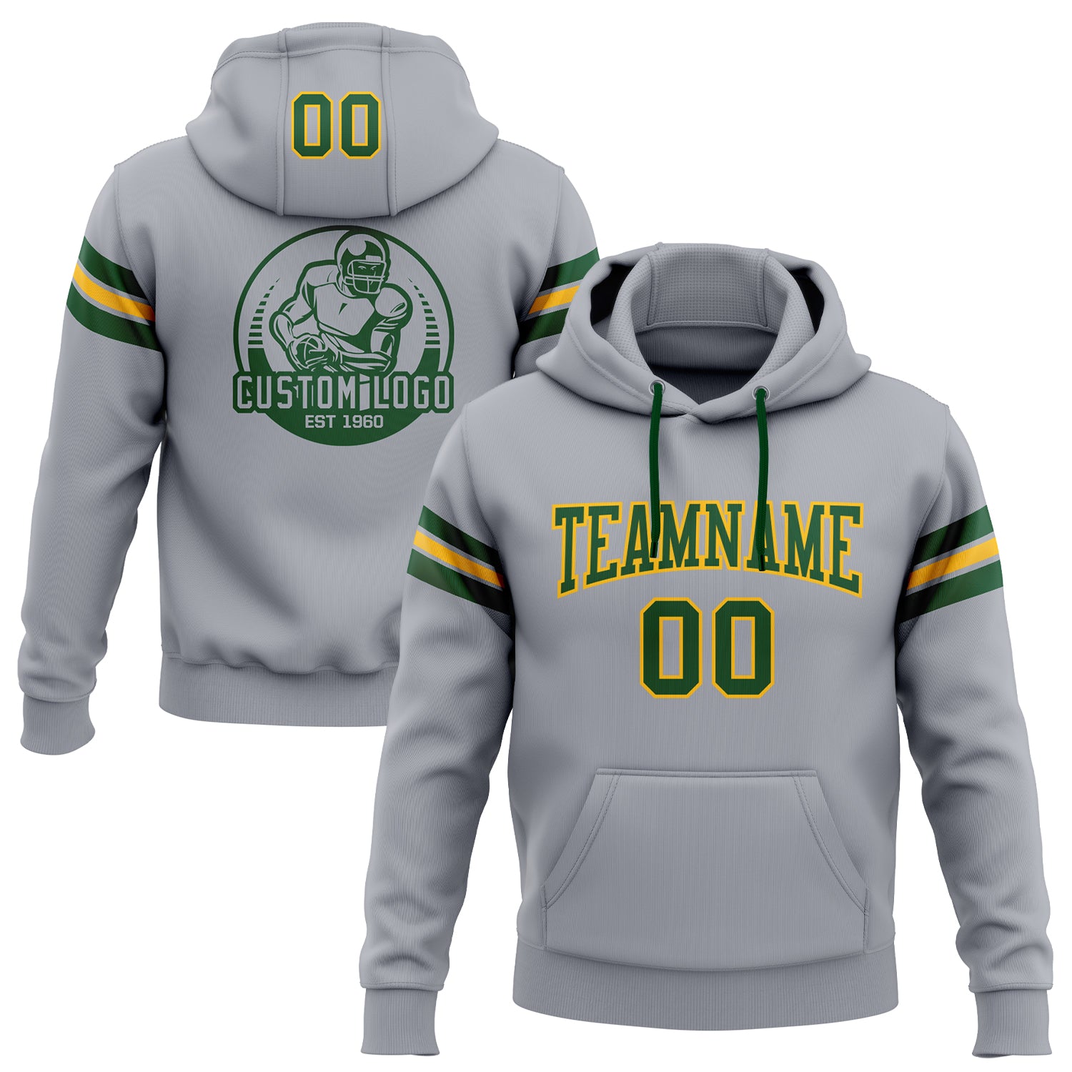 Custom Name Number Football Hoodie Sweatshirt Gray Green Gold Stitched Pullover Personalized Stitched Gray Green-Gold Football