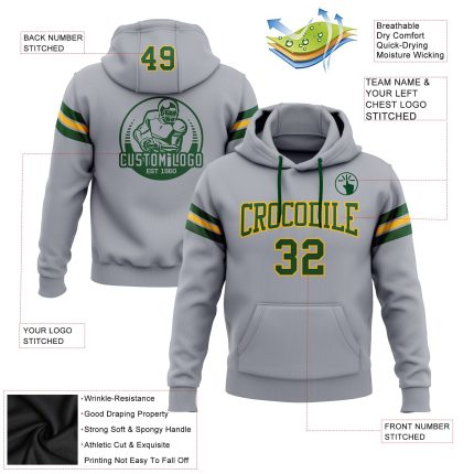 Custom Name Number Football Hoodie Sweatshirt Gray Green Gold Stitched Pullover Personalized Stitched Gray Green-Gold Football