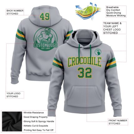 Custom Name & Number Football Pullover Hoodie - Personalized Stitched Gray Kelly Green Gold Sweatshirt Personalized Stitched