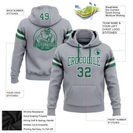 Custom Stitched Gray Kelly Green-White Football Hoodie Sweatshirt Personalized with Team Name and Number Personalized Stitched
