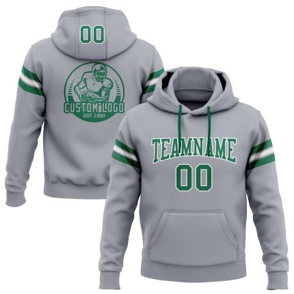 Custom Stitched Gray Kelly Green-White Football Hoodie Sweatshirt Personalized with Team Name and Number Personalized Stitched