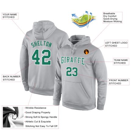 Custom Sports Hoodie with Name and Number - Personalized Gray Kelly Green White Stitched Pullover Sweatshirt Personalized