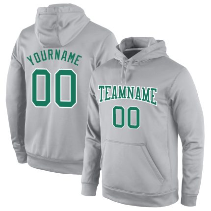 Custom Sports Hoodie with Name and Number - Personalized Gray Kelly Green White Stitched Pullover Sweatshirt Personalized