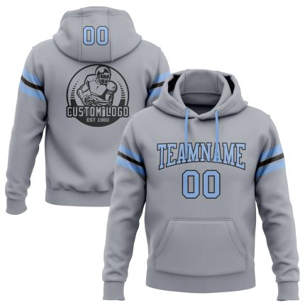 Custom Football Hoodie with Personalized Name & Number - Gray Light Blue-Black Pullover Sweatshirt Personalized Stitched