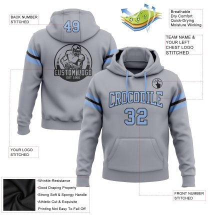 Custom Football Hoodie with Personalized Name & Number - Gray Light Blue-Black Pullover Sweatshirt Personalized Stitched