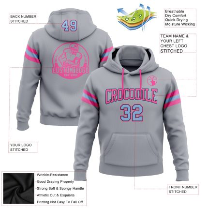 Custom Team Football Hoodie with Personalized Name and Number - Gray Light Blue Black Pink Sweatshirt Pullover Personalized