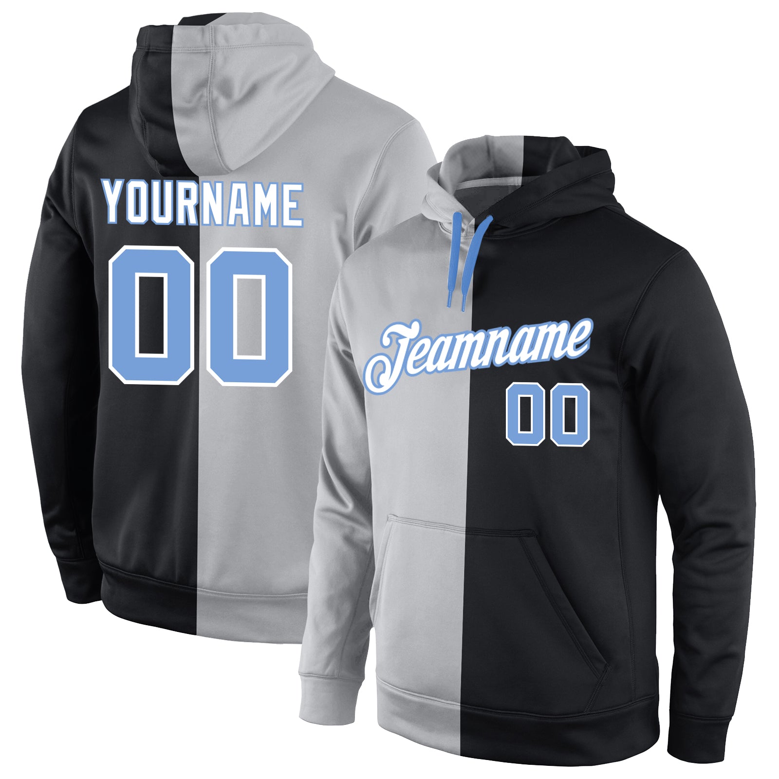 Custom Team Name & Number Sweatshirt Hoodie - Personalized Stitched Gray Light Blue-Black Split Fashion Pullover Personalized