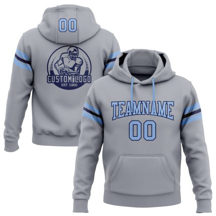 Custom Name and Number Football Pullover Hoodie Gray Light Blue-Navy Sweatshirt Personalized Stitched Gray Light Blue-Navy