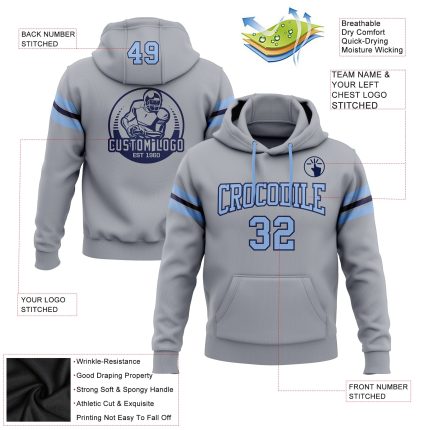 Custom Name and Number Football Pullover Hoodie Gray Light Blue-Navy Sweatshirt Personalized Stitched Gray Light Blue-Navy
