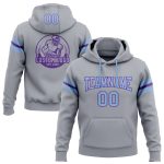 Custom Stitched Football Hoodie with Team Name and Number, Gray Light Blue-Purple Pullover Sweatshirt Personalized Stitched