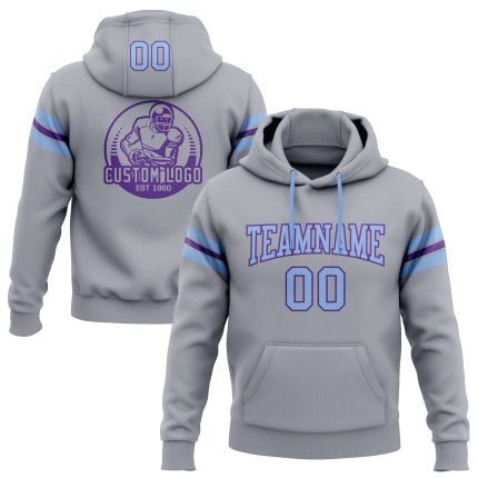Custom Stitched Football Hoodie with Team Name and Number, Gray Light Blue-Purple Pullover Sweatshirt Personalized Stitched