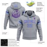 Custom Stitched Football Hoodie with Team Name and Number, Gray Light Blue-Purple Pullover Sweatshirt Personalized Stitched