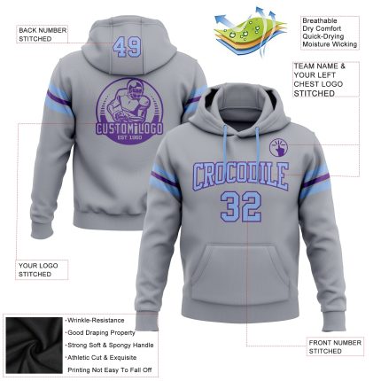 Custom Stitched Football Hoodie with Team Name and Number, Gray Light Blue-Purple Pullover Sweatshirt Personalized Stitched