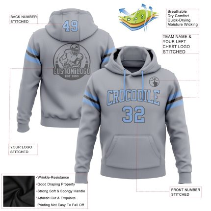 Custom Football Hoodie with Personalized Name and Number in Gray Light Blue Steel Gray - Stitched Pullover Sweatshirt Personalized