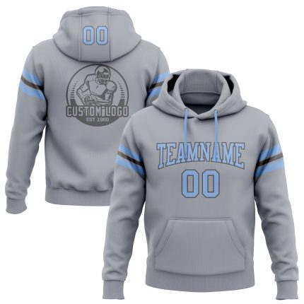 Custom Football Hoodie with Personalized Name and Number in Gray Light Blue Steel Gray - Stitched Pullover Sweatshirt Personalized