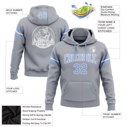 Custom Football Hoodie with Personalized Name and Number, Stitched Gray Light Blue-White Pullover Sweatshirt Personalized