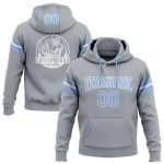 Custom Football Hoodie with Personalized Name and Number, Stitched Gray Light Blue-White Pullover Sweatshirt Personalized