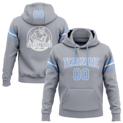 Custom Football Hoodie with Personalized Name and Number, Stitched Gray Light Blue-White Pullover Sweatshirt Personalized