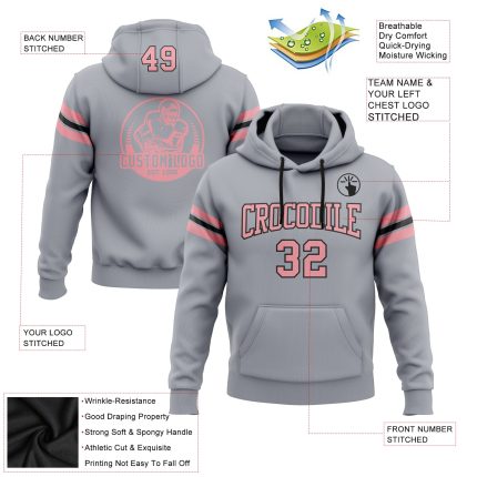 Personalized Custom Name Number Football Pullover Hoodie Medium Gray Pink-Black Sweatshirt Personalized Stitched Gray Medium