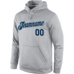 Custom Team Hoodie with Name and Number - Personalized Gray Navy-Aqua Sports Pullover Sweatshirt Personalized Stitched Gray