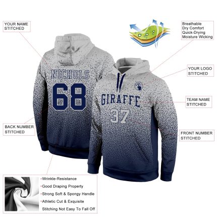 Custom Name and Number Pullover Hoodie for Sports, Personalized Stitched Gray Navy Fade Fashion Sweatshirt Personalized Stitched