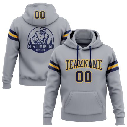 Customizable Football Hoodie Sweatshirt with Stitched Name and Number - Gray Navy Gold Personalized Stitched Gray Navy-Gold
