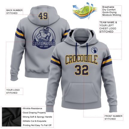 Customizable Football Hoodie Sweatshirt with Stitched Name and Number - Gray Navy Gold Personalized Stitched Gray Navy-Gold
