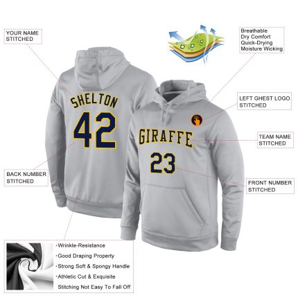Custom Team Name Number Gray Navy Gold Pullover Sports Hoodie Personalized Stitched Sweatshirt Personalized Stitched Gray