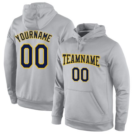 Custom Team Name Number Gray Navy Gold Pullover Sports Hoodie Personalized Stitched Sweatshirt Personalized Stitched Gray