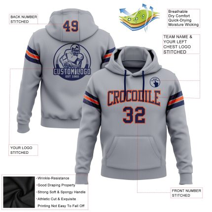 Custom Name and Number Football Hoodie - Personalized Gray Navy Orange Stitched Pullover Sweatshirt Personalized Stitched