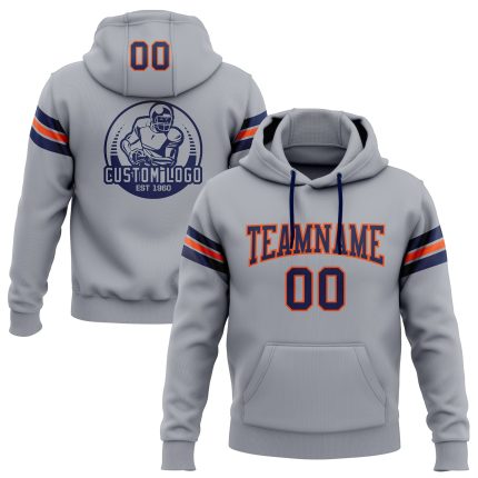 Custom Name and Number Football Hoodie - Personalized Gray Navy Orange Stitched Pullover Sweatshirt Personalized Stitched