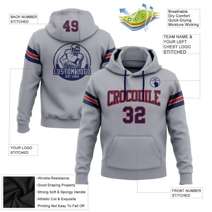 Custom Team Name Number Football Hoodie Sweatshirt Gray Navy Red Pullover Personalized Stitched Personalized Stitched Gray