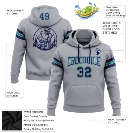 Custom Name Number Personalized Football Hoodie Sweatshirt Gray Navy Teal Pullover for Team Support Personalized Stitched