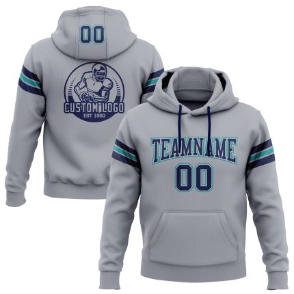 Custom Name Number Personalized Football Hoodie Sweatshirt Gray Navy Teal Pullover for Team Support Personalized Stitched