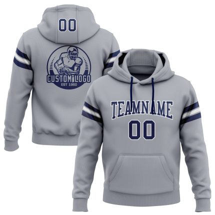 Custom Name Number Personalized Football Hoodie Sweatshirt Pullover Gray Navy White Personalized Stitched Gray Navy-White