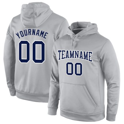 Personalized Gray Navy-White Sports Hoodie Sweatshirt Pullover for Men and Women Personalized Stitched Gray Navy-White Sports