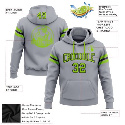 Custom Football Hoodie Pullover Sweatshirt with Personalized Name & Number in Gray Neon Green-Black Personalized Stitched