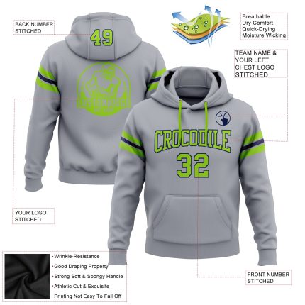 Custom Name Number Football Hoodie Sweatshirt Personalized Stitched Gray Neon Green Navy Team Apparel Personalized Stitched