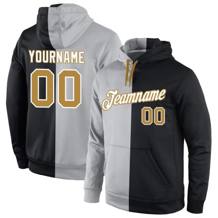 Custom Name Number Personalized Pullover Hoodie Sports Sweatshirt Gray Old Gold Black Split Design Personalized Stitched